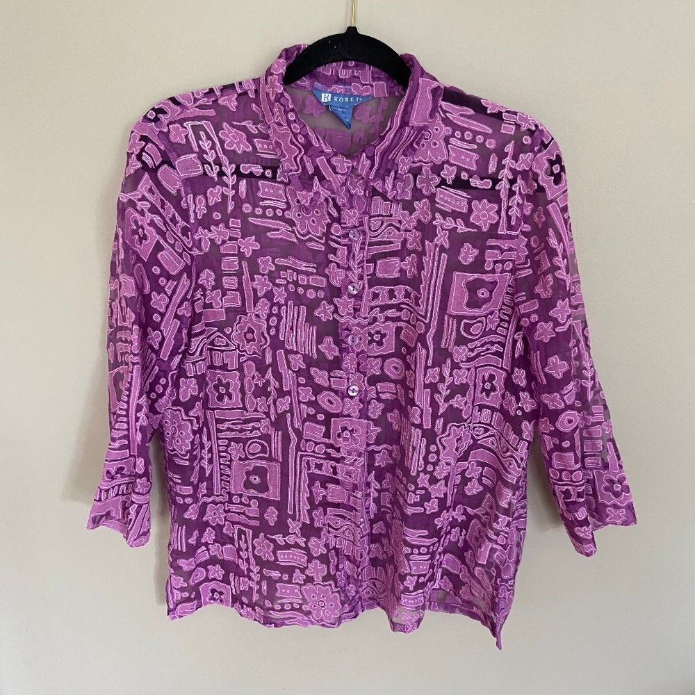 Retro Print Sheer 3/4 Sleeve Button Down Shirt
